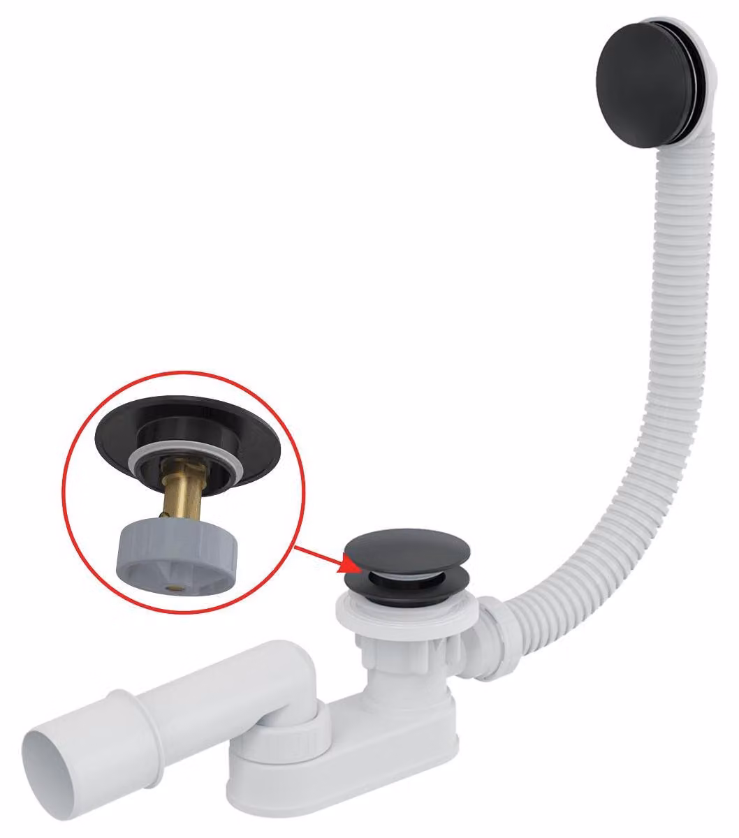 Set di scarico e troppopieno per vasca da bagno Alcadrain CLICK/CLACK, nero opaco, 100 cm
