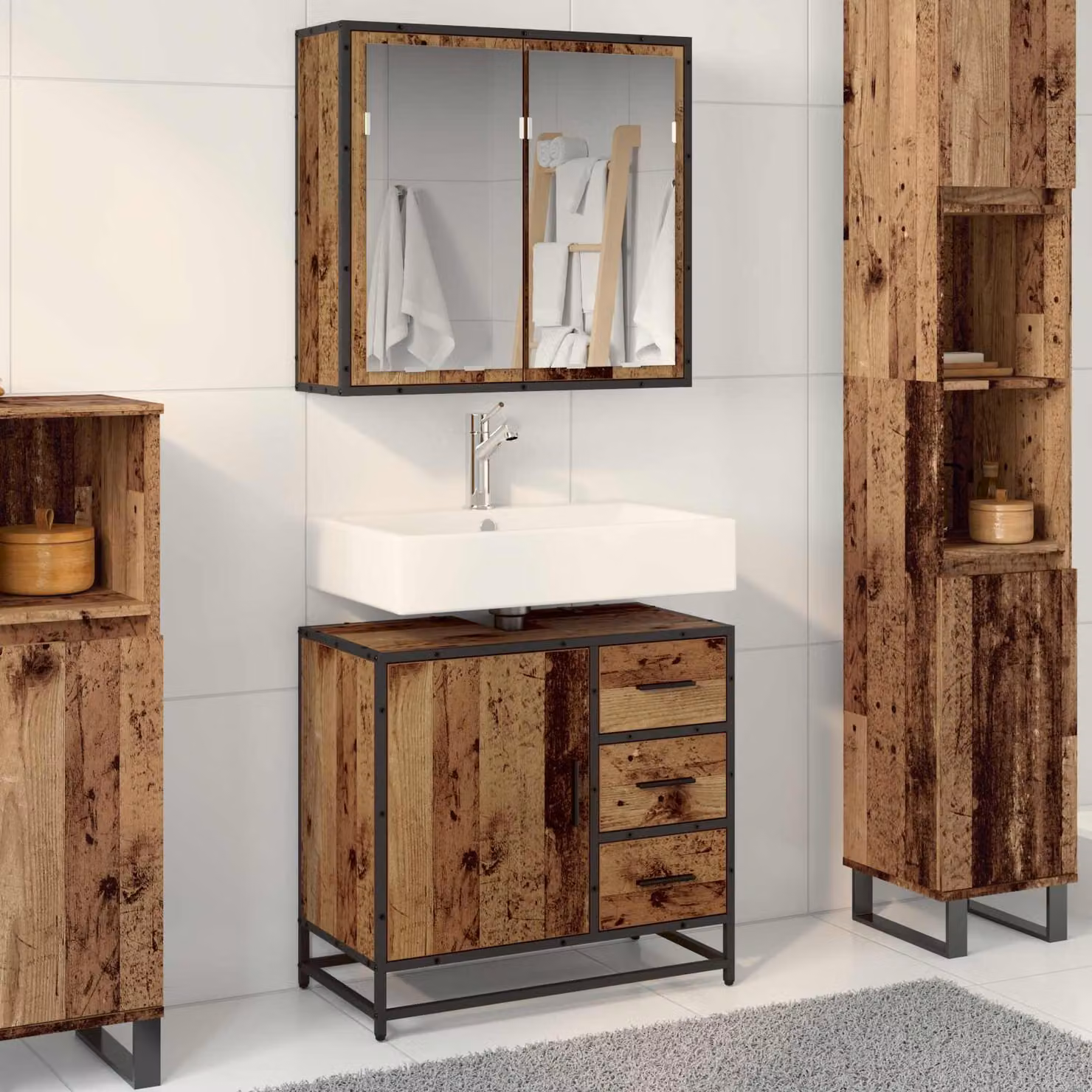 Set di mobili per il bagno vidaXL in legno e metallo marrone con mobile lavabo e armadietto con specchio, L 80 x P 33 x H 60 cm
