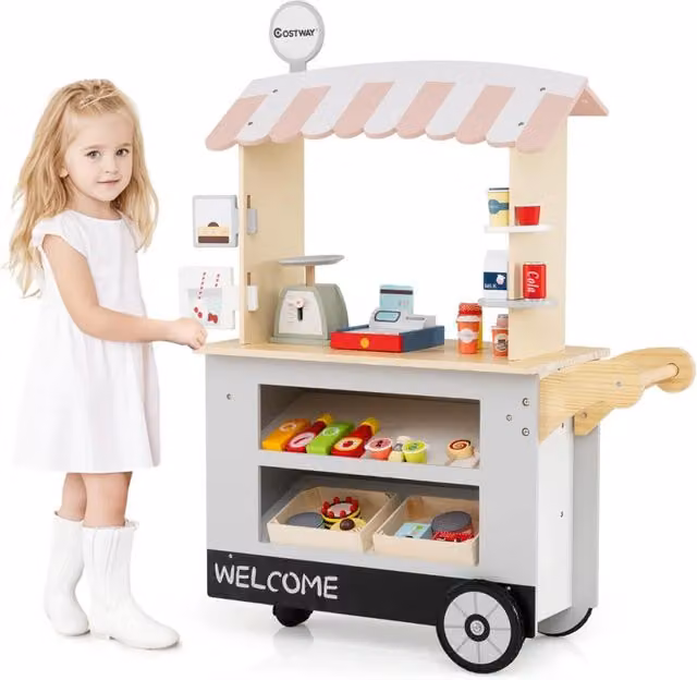 Carrello da mercato per bambini HELLOSHOP26 con 30 accessori in legno nero e multicolore L/P/H: 75 x 30 x 100 cm