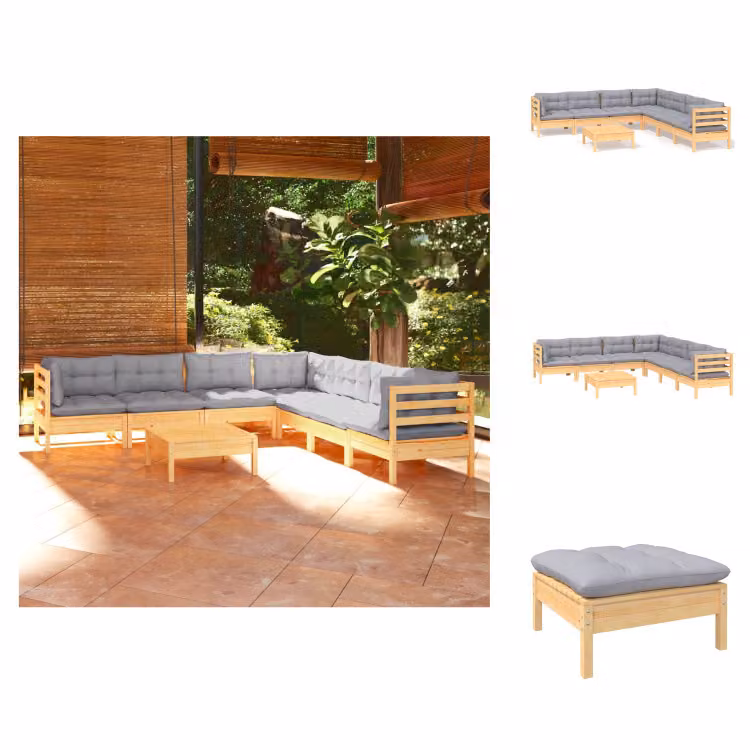 vidaXL Set di 8 pezzi da giardino con cuscini grigi in pino massiccio - Set di mobili da giardino