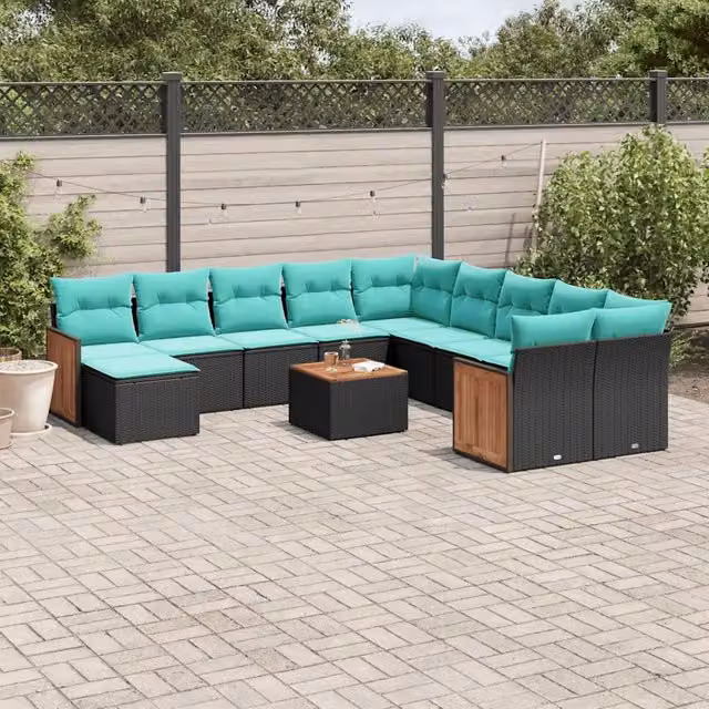 Set di Divani da Giardino a L vidaXL in Polyrattan Nero con Cuscini e Tavolino da Esterno