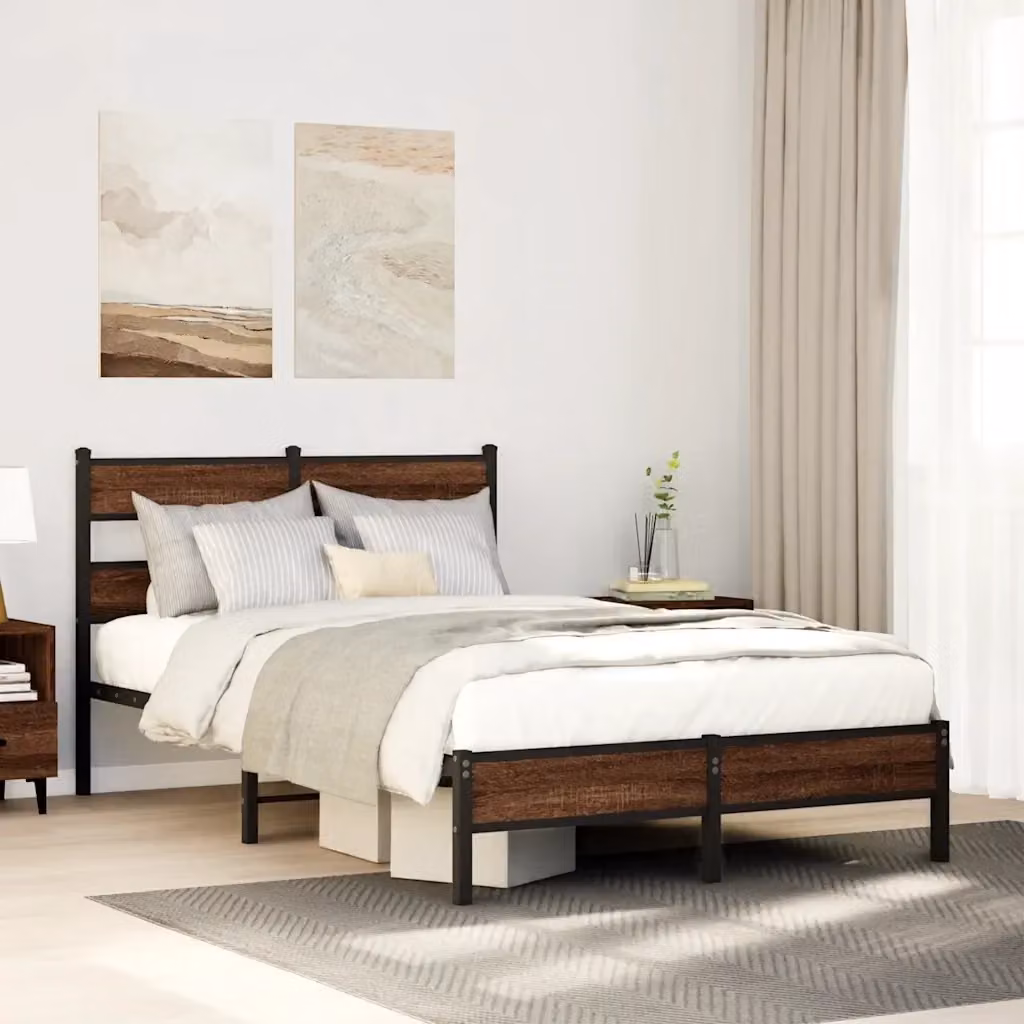 Letto matrimoniale per adulti con struttura in metallo e legno color rovere marrone L/P/H: 200 x 120 x 91.5 cm – 2