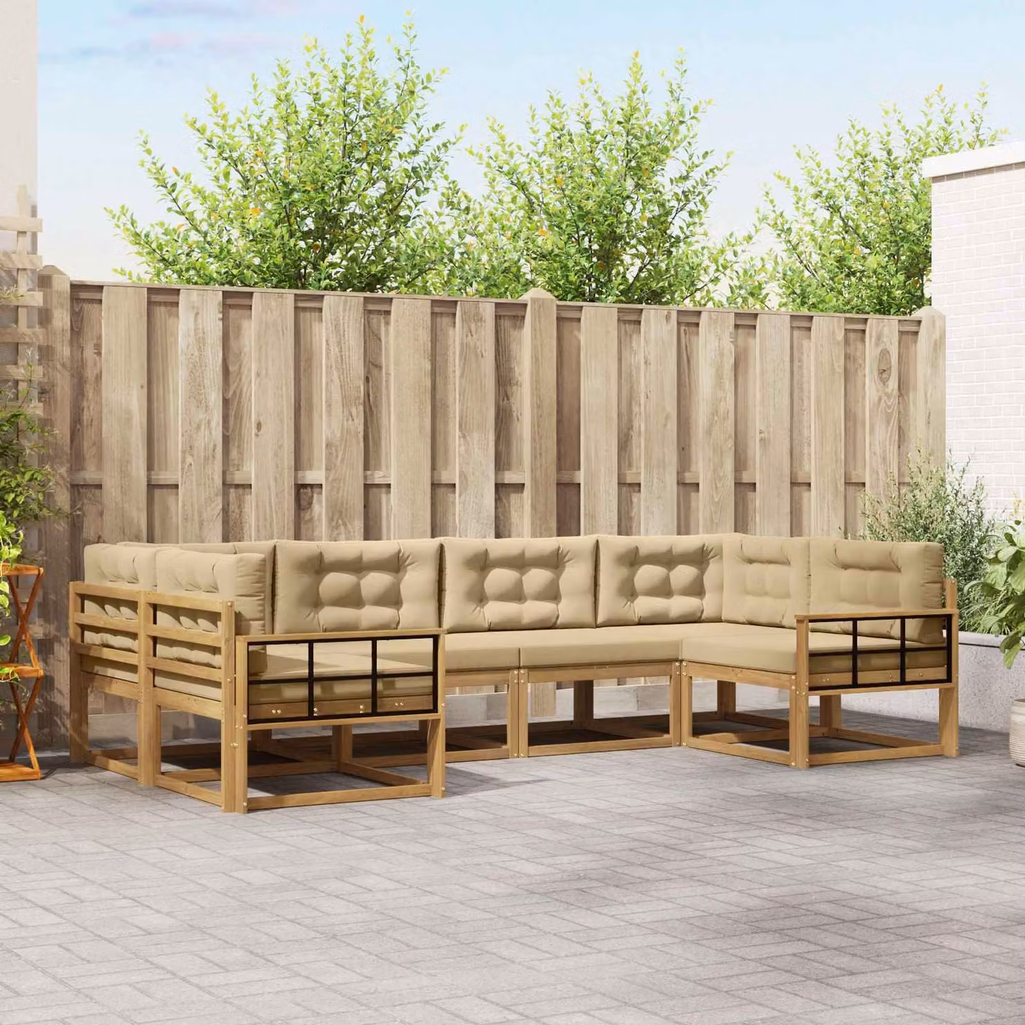 vidaXL Set di divani da esterno a L in legno di acacia con cuscini, Bianco e Beige