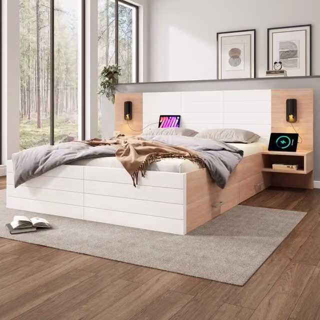 Letto matrimoniale 255x80x207 cm con luce da lettura e ricarica USB in legno e MDF bianco e rovere