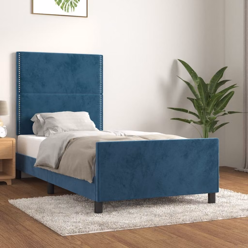 The Living Store Struttura letto con testiera in velluto blu scuro 100x200 cm