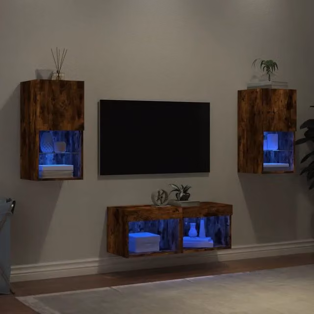 Mobili TV a Muro 4pz con Luci LED-Set di 4 Credenza per TV sospesa Rovere Fumo