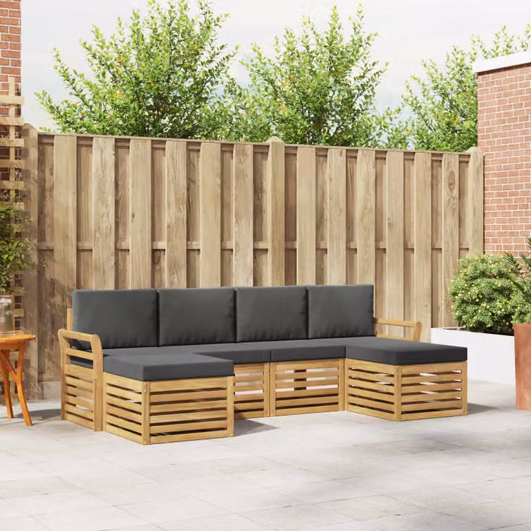 vidaXL Set di divani da esterno a L con pouf 6 pz, Bianco e Antracite, in legno di acacia e poliestere resistente ai raggi UV