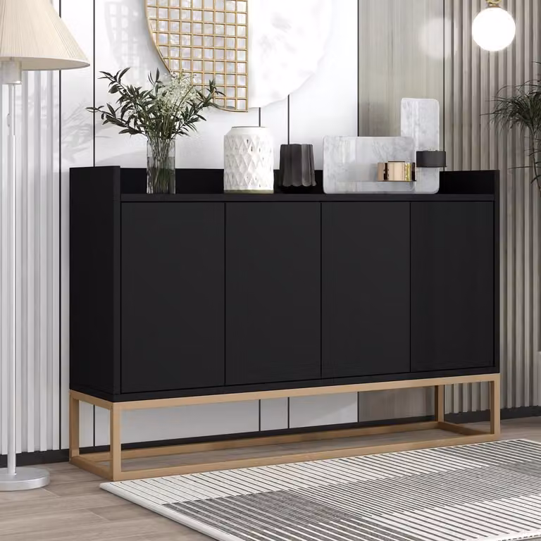 Mobile contenitore a buffet con 4 ante, dimensioni 120x30x80 cm, colore nero, gambe in metallo