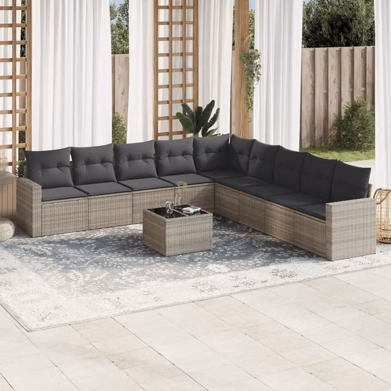 Set Divano da Giardino a L vidaXL 10 pz con Cuscini Grigio Chiaro in Polyrattan e Metallo