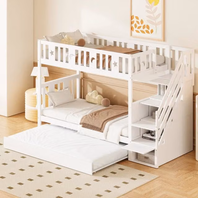 Letto a castello 90x200 cm con letto estraibile e scala contenitore in legno bianco