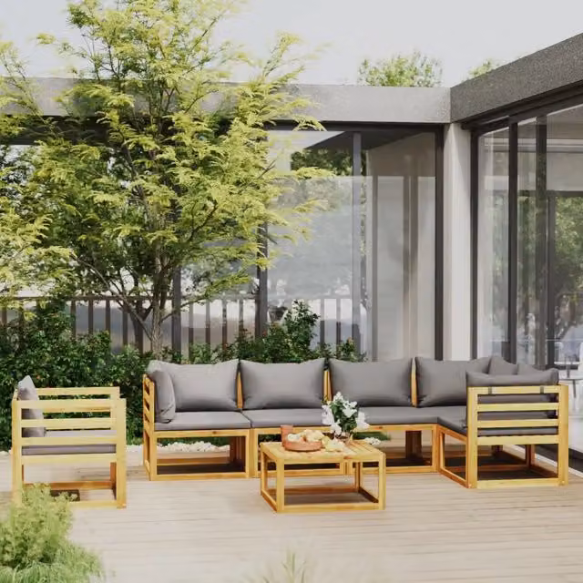 Set di divani da giardino vidaXL a forma di L in legno di acacia con cuscini grigi, composto da 7 pezzi con tavolino e poltrone