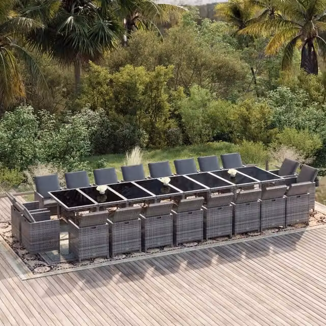 Set da pranzo da giardino vidaXL in polyrattan con cuscini e piano in vetro, 21 pezzi, grigio e nero