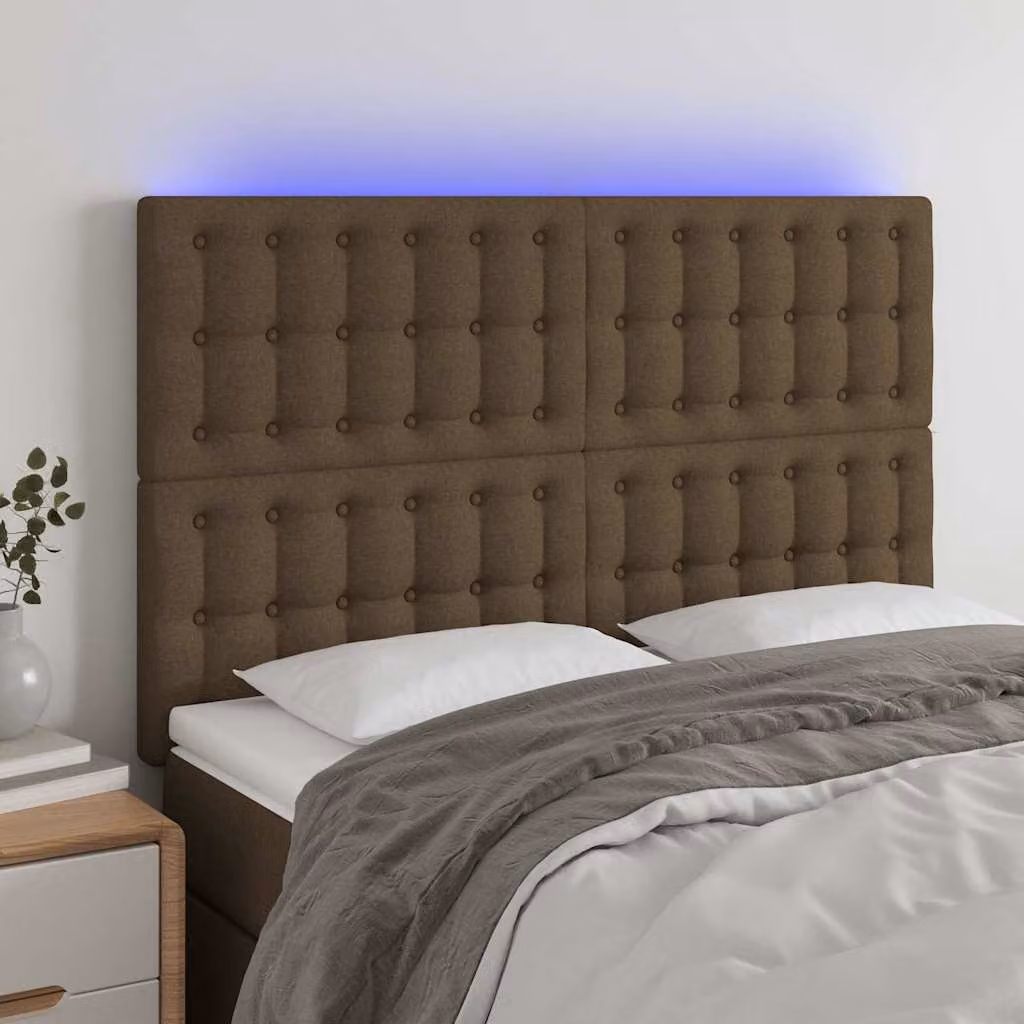 Testiera per letto vidaXL in tessuto marrone scuro con illuminazione LED integrata e porta di ricarica USB, L: 144 cm, P: 5 cm, H: 118/128 cm