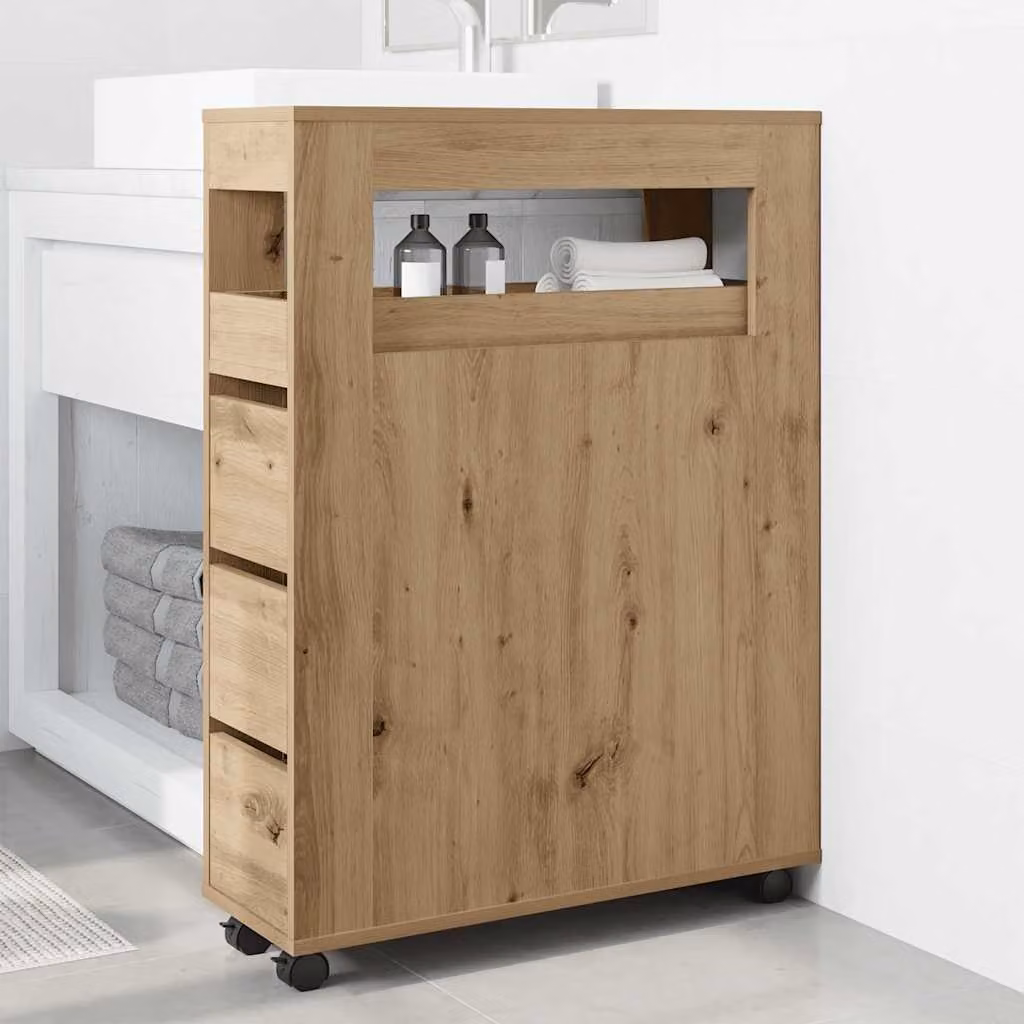 Mobile da bagno stretto con ruote vidaXL in legno color rovere, L: 23 cm, P: 20 cm, H: 90 cm