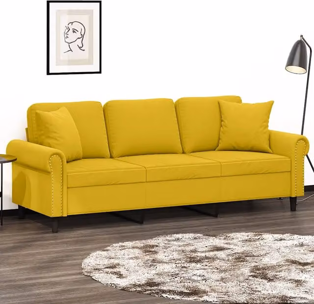 Divano a 3 Posti con Cuscini-Sofa 3 Posti con Cuscini Giallo 180 cm in Velluto 327604