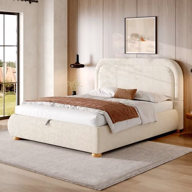 Letto imbottito beige in boucl¨¦ con contenitore idraulico e rete a doghe
