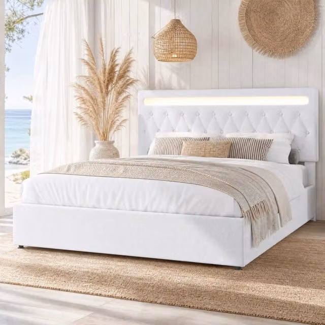 Letto imbottito 180x200 cm con sollevamento idraulico; LED APP; USB e USB-C; bianco