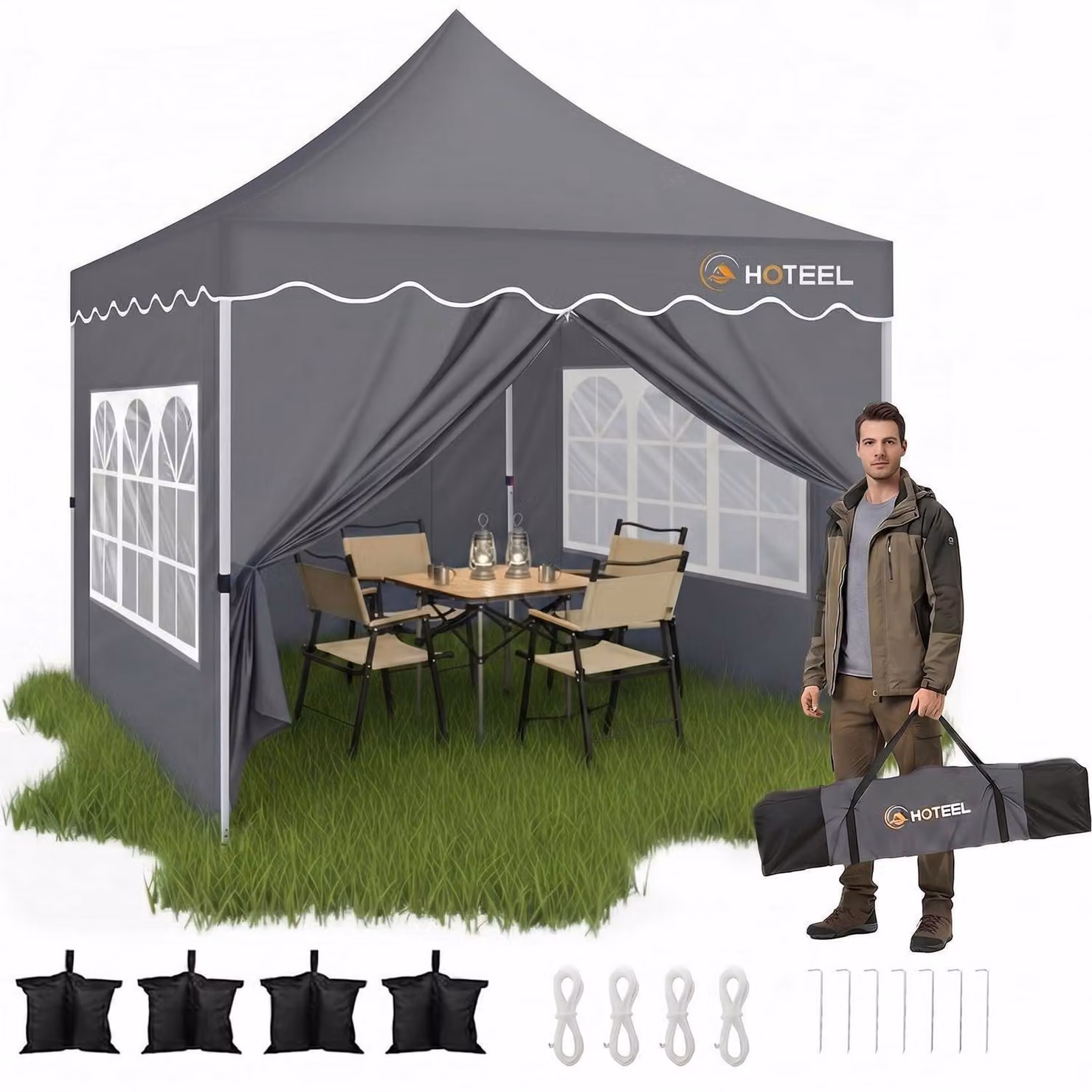 Gazebo da esterno 3x3 metri, grigio, impermeabile, con protezione UV 50+ e dotato di 4 pareti laterali