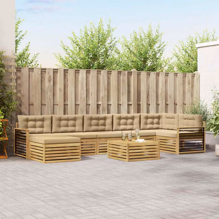 Set di divani da esterno a L vidaXL in legno di acacia con 8 pezzi, bianco e beige