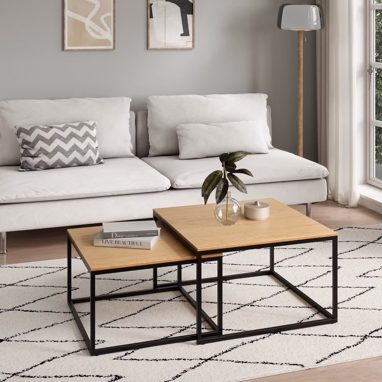 Set di 2 tavolini quadrati bianchi in legno, tavolino da salotto, set di tavolini 2 in 1 con struttura in metallo per soggiorno, ufficio, loft, design TWIN