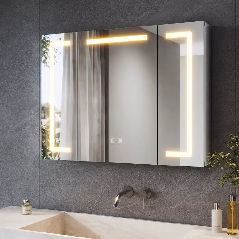 Mobiletti a specchio per bagno con illuminazione a LED, dimensioni 80x60 cm, 3 ante, in alluminio, grado di protezione IP44