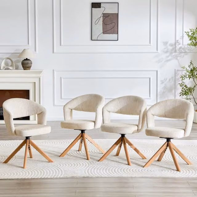 Set di 2 sedie girevoli WISHDOR in velluto a coste bianco crema con gambe in legno massiccio per sala da pranzo e soggiorno