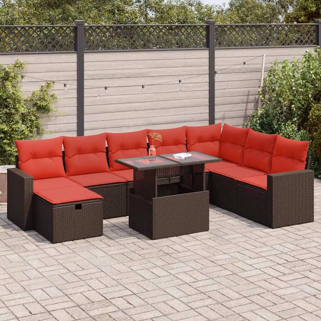 Set Divani da Giardino vidaXL 9 pz in Polyrattan Marrone con Cuscini e Tavolino da Esterno