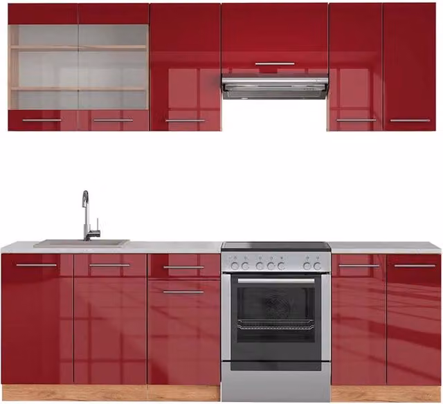 Cucina componibile moderna Vicco Fame-Line Bordeaux lucido e Rovere dorato, L: 240 cm – 1