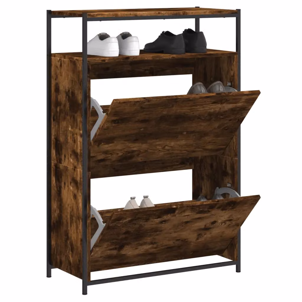 Mobile porta scarpe vidaXL moderno in rovere fumo con scomparti basculanti e ripiani interni, L: 112 cm, H: 75 cm, P: 34 cm