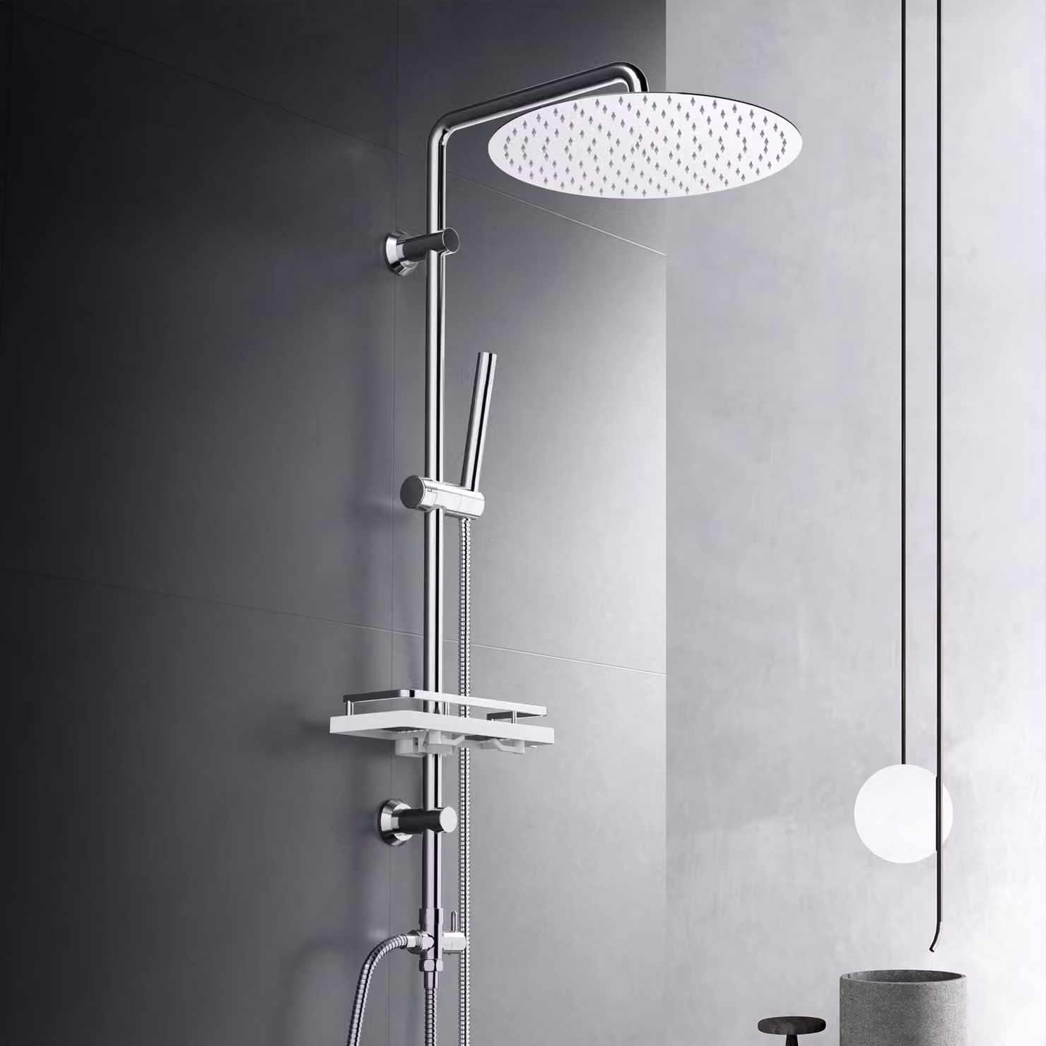 Set doccia da esterno in acciaio inossidabile, completo di scaffale e soffione manuale