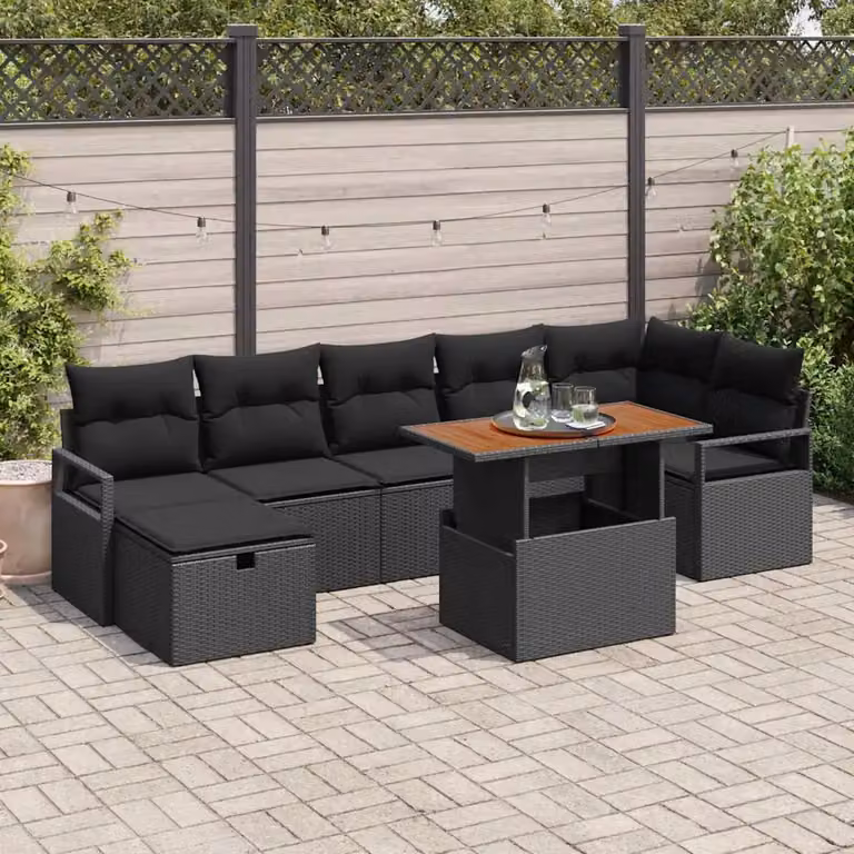 Set Divano da Giardino a L vidaXL in Polyrattan Nero con Cuscini e Tavolino da Esterno