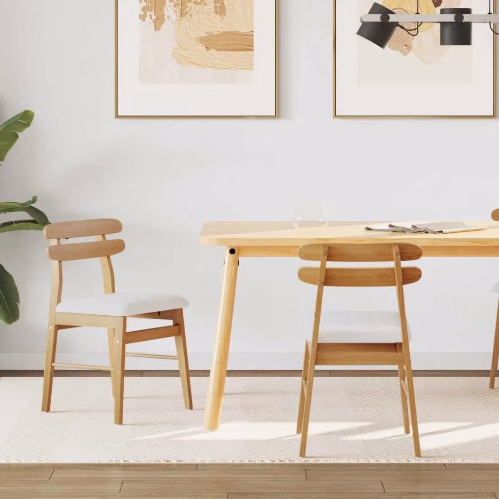 Set di 2 sedie da pranzo in legno di gomma con seduta in tessuto beige e bianco per cucina e soggiorno – 2