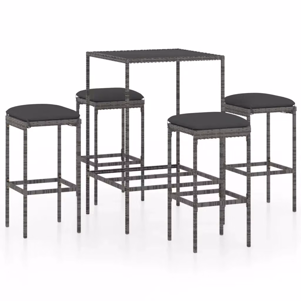 Set da Bar da Giardino vidaXL in Polyrattan e Metallo con Cuscini Grigio Antracite e Tavolo in Vetro, 5 Pezzi – 2