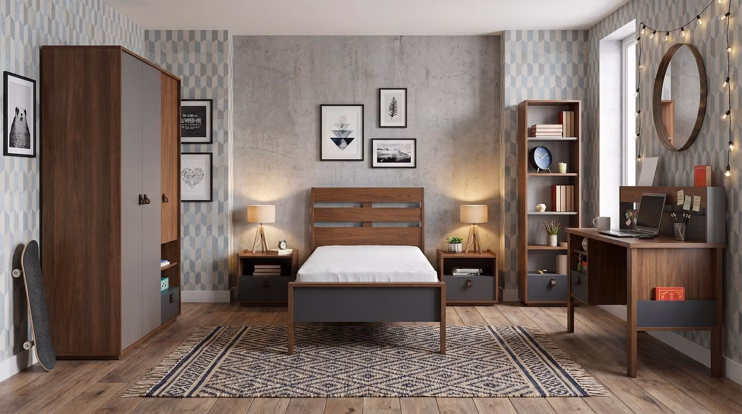Camera da letto per adolescenti in tonalità marrone: letto, armadio, comodini, libreria, scrivania