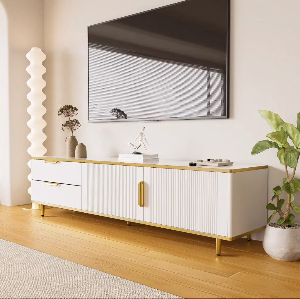 Mobile TV moderno MODFU bianco e oro con 2 cassetti e 2 ante, L: 170 cm, P: 37 cm, H: 45 cm – 2