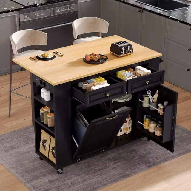 Carrello da cucina con piano ribaltabile, vano pattumiera, portasciugamani e prese, nero naturale, 120 × 40-70 × 92 cm