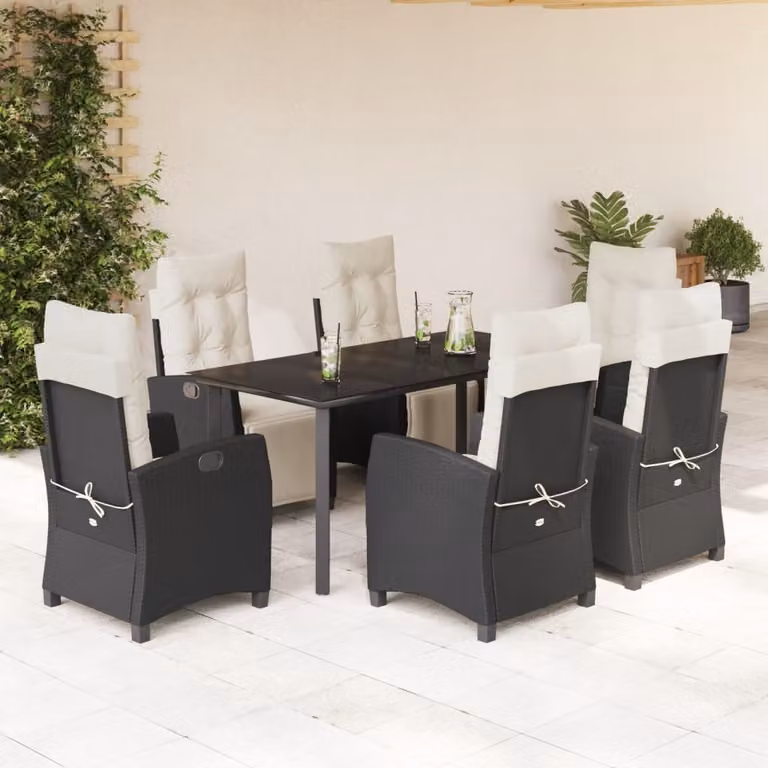 vidaXL Set da Pranzo da Giardino 7 pz in Polyrattan Nero con Cuscini e Tavolo in Vetro