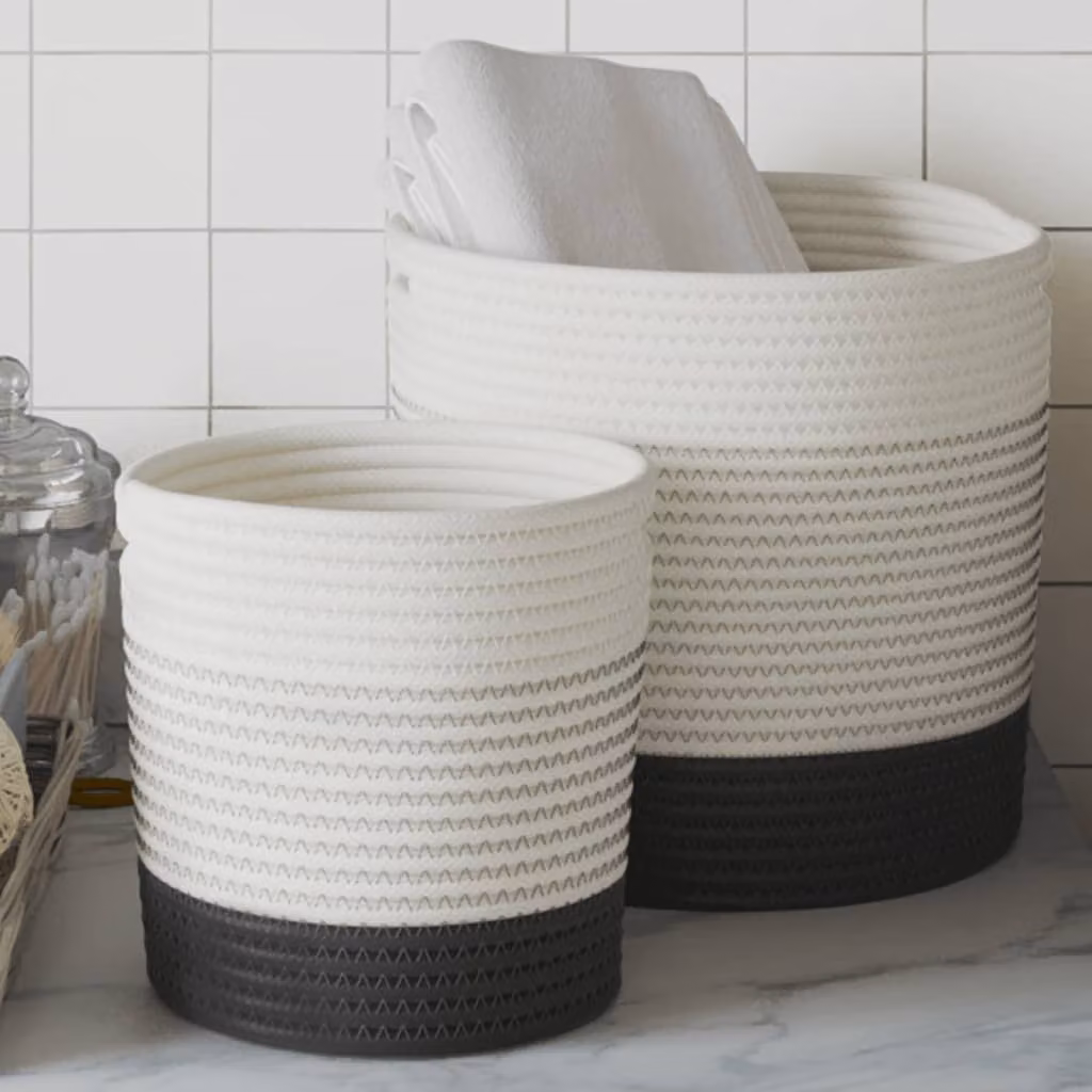 Set di 2 cestini portaoggetti vidaXL in cotone con trama aperta, bianchi e neri, pieghevoli e con maniglie