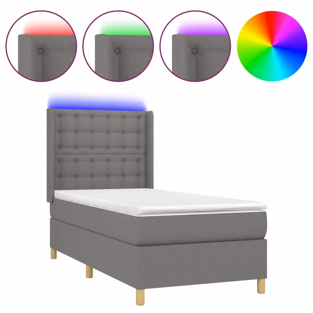 Letto con Materasso a Molle e Illuminazione LED vidaXL in Tessuto Grigio L/P/H: 90 x 190 x 31 cm – 2