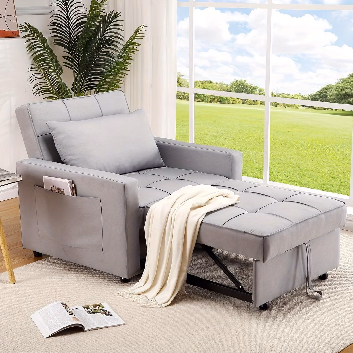 Divano letto - Letto a scomparsa - Poltrona letto - Divano trasformabile in letto - Poltrona trasformabile in letto - Lino color grigio chiaro - 3 in 1, multifunzionale