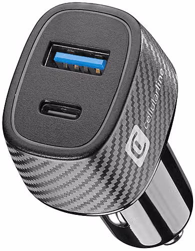 Caricabatteria auto Cellularline Multicarica con 2 porte USB-C e USB-A da 32W, Nero