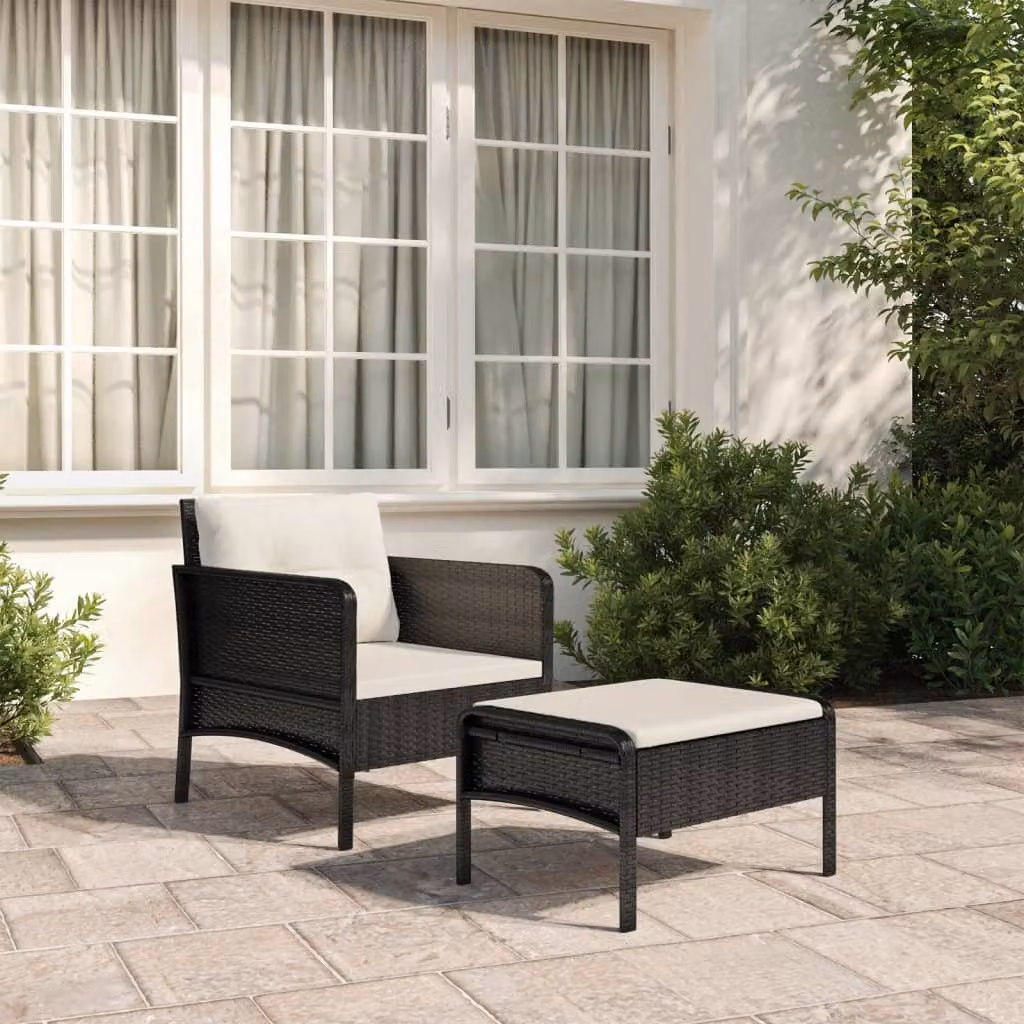 Set da giardino vidaXL in 2 pezzi con cuscini in polyrattan e metallo nero opaco