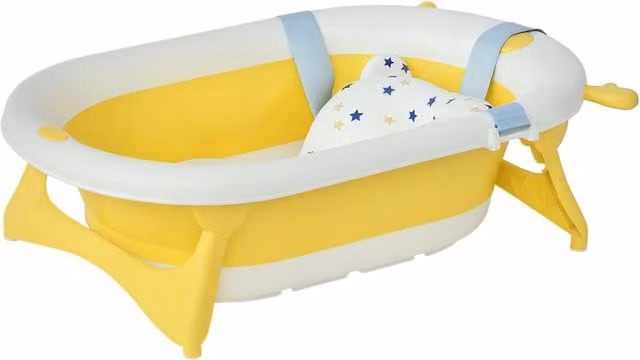 Vaschetta Bagnetto Pieghevole HOMCOM per Bambini 0-3 Anni con Indicatore di Temperatura, Cuscino e Base Antiscivolo, Bianco e Giallo, L: 81.5 cm, P: 50.5 cm, H: 23.5 cm
