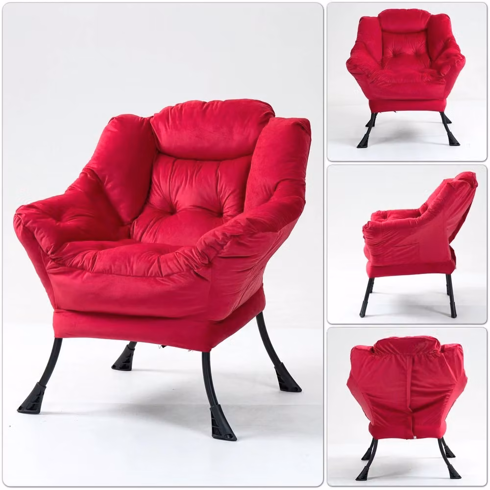 Poltrona Relax MINIMAL in Velluto Rosso con Struttura in Metallo e Tasca Laterale, Stile Moderno – 2