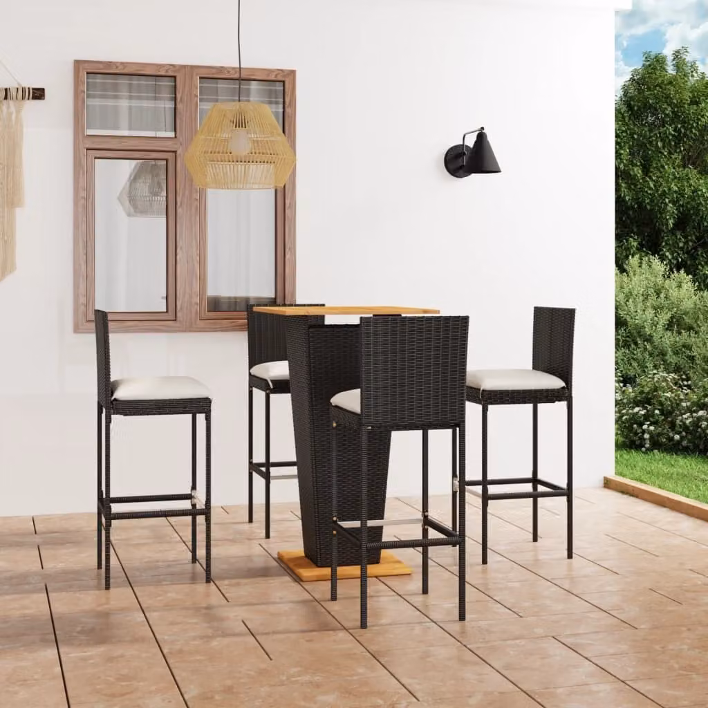 The Living Store Set bar da giardino 5 pezzi con cuscini in poly rattan nero