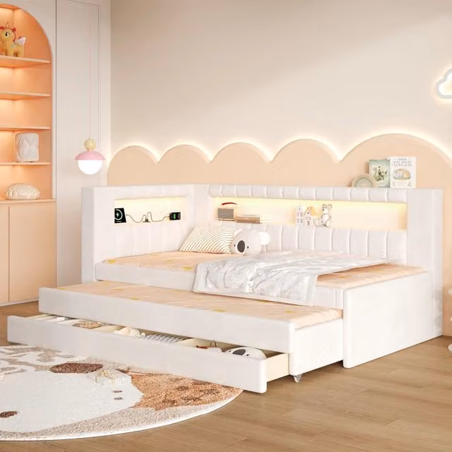 Letto singolo imbottito 90x200 cm con LED a 7 colori; USB; letto estraibile e 3 cassetti; bianco