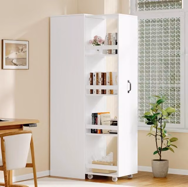 Libreria stretta MODFU in MDF bianco con ruote e box protettive L/P/H: 40 x 30 x 160,5 cm