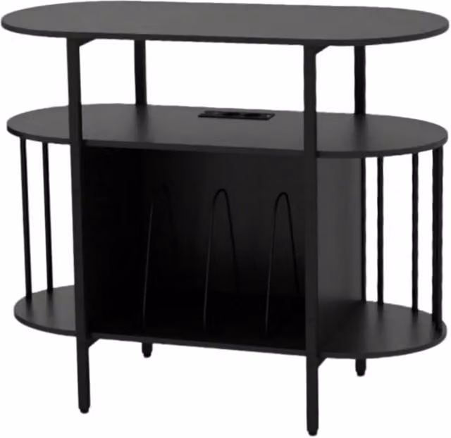 Mobile porta dischi in legno e metallo con stazione di ricarica e luce LED regolabile, porta vinili moderno per soggiorno, camera da letto o studio, Nero opaco, L: 90 cm, P: 40 cm, H: 76,5 cm