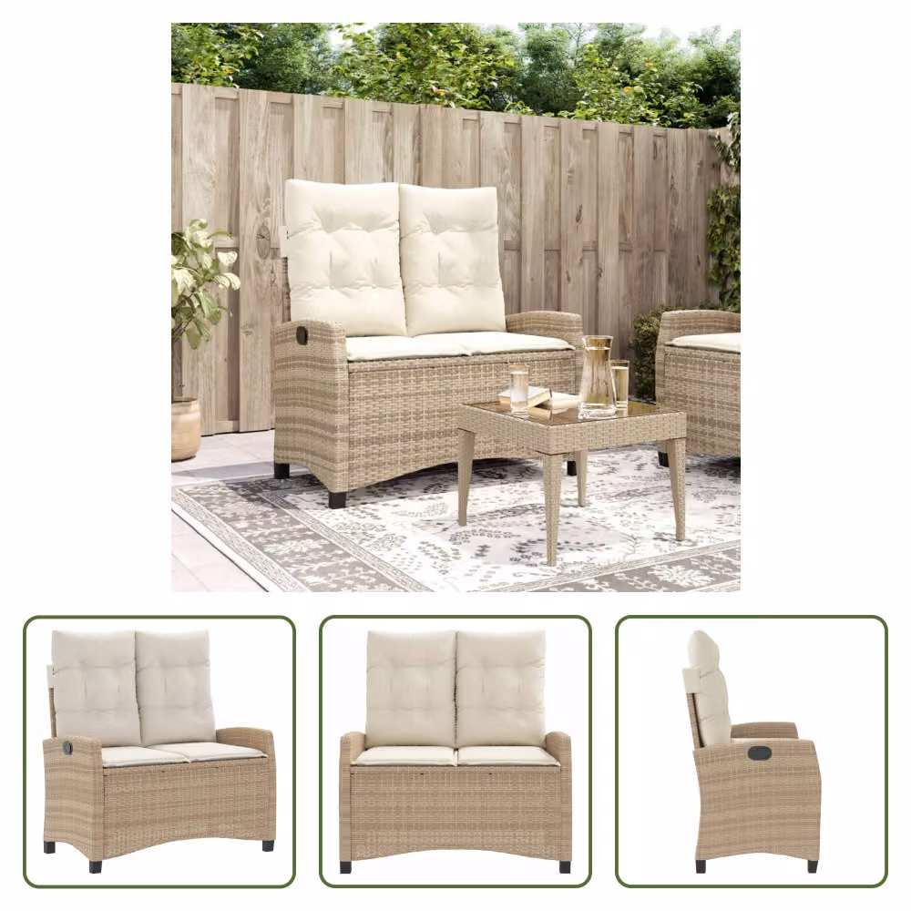 The Living Store Panca da giardino regolabile con cuscino Beige Poly Rattan
