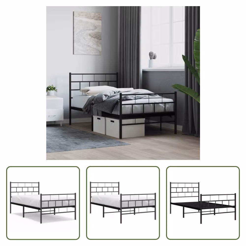 The Living Store Struttura letto con testiera e pediera in metallo nero 100x190 cm